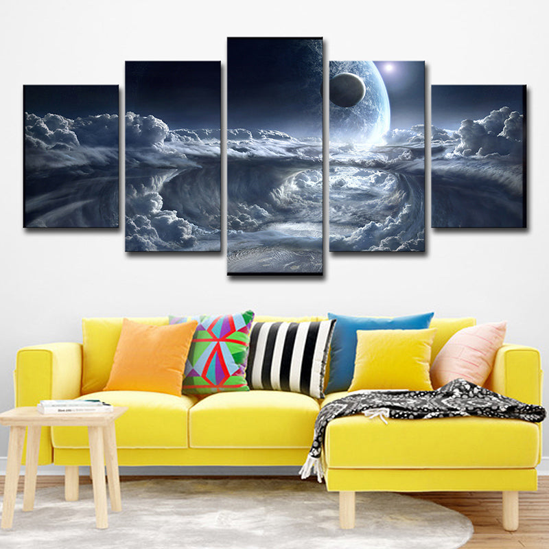 Science Fiction Space Canvas Art Blue Cloud and Planet Print Wall Decor for Bedroom