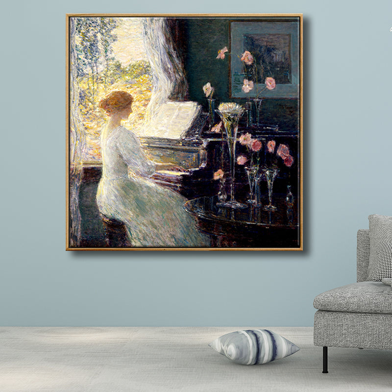 Vintage-Wandkunst-Dekor, grüne Schönheit, die Klavier spielt, Leinwand in Grün für das Wohnzimmer