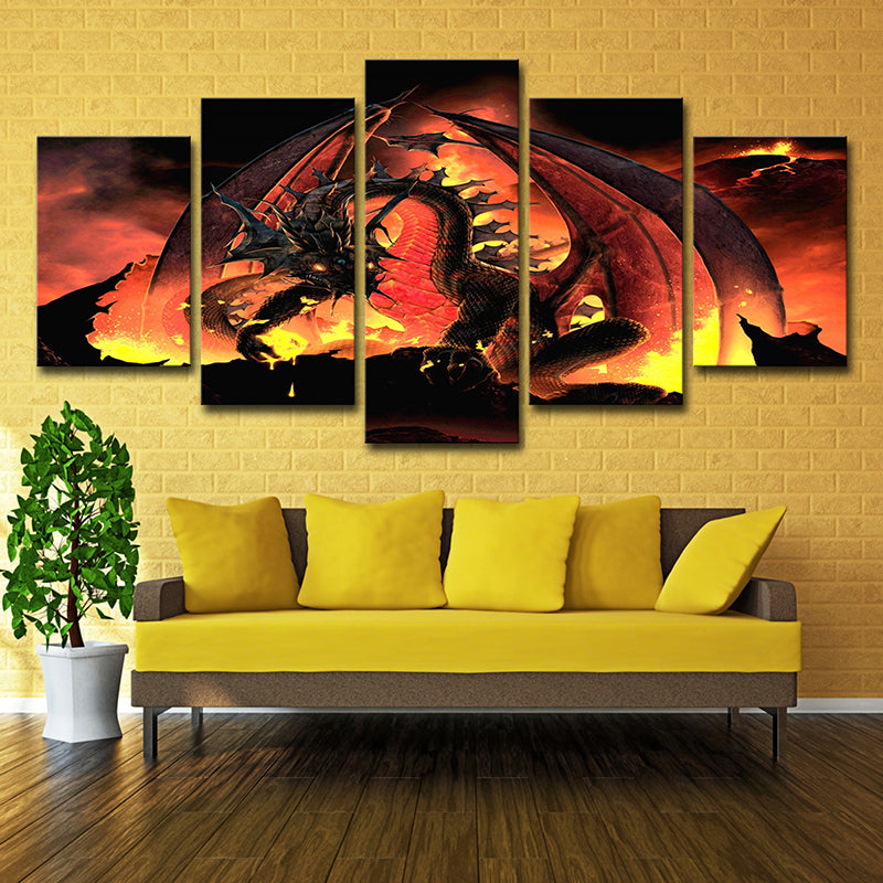 Fire Dragon Art Print Orange Canvas Made Wall Decor for House Interior, Multi-Piece