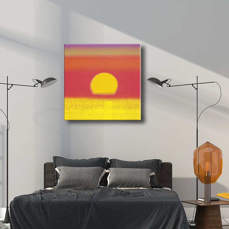 Canvas Textured Painting Children's Art Sunrise Wall Decor in Dark Color for Hallway