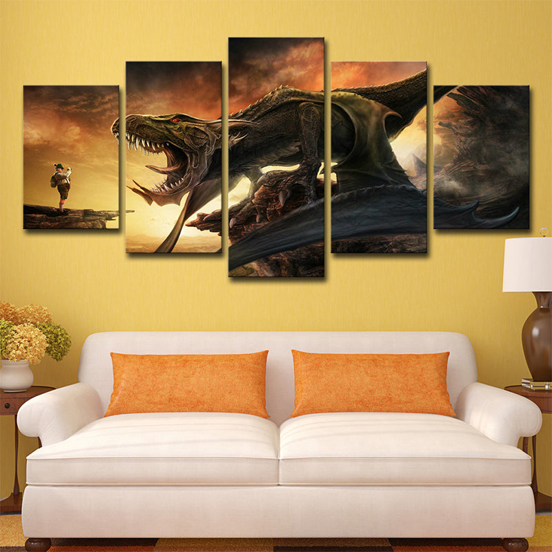 Canvas Multi-Piece Wall Decor Science Fiction Dinosaur Roaring Art Print in Yellow