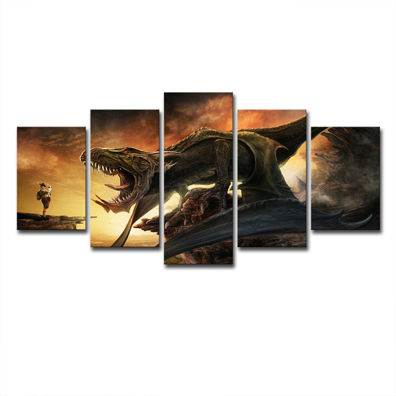 Canvas Multi-Piece Wall Decor Science Fiction Dinosaur Roaring Art Print in Yellow