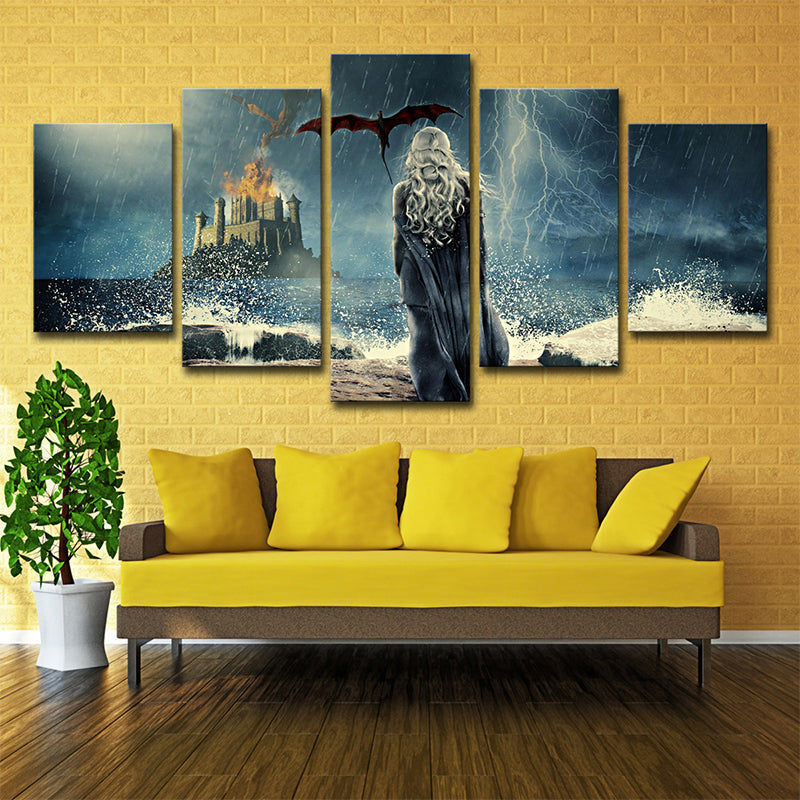 Rainy Night Castle Wall Art Kids Mysterious Game Scene Canvas in Blue for Living Room