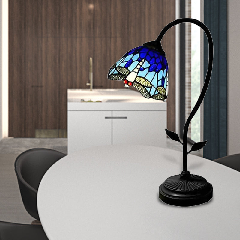 1 lampe de table en dôme légère Tiffany Style Bleu / Orange en verre en acier inoxydable Éclairage de table avec un motif de tournesol / libellule