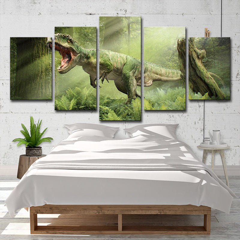 Green Digital Print Dinosaur Canvas Wall Art Multi-Piece Sci-Fi Bedroom Wall Decor
