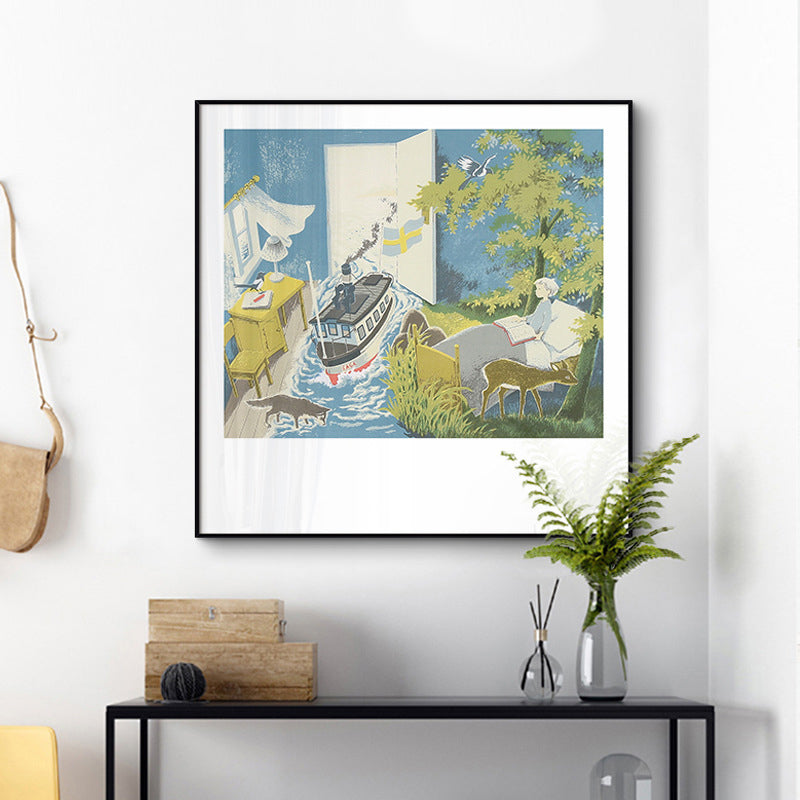 Kids Fantasy Wall Art Blue Flooded Bedroom Drawing Print Canvas for House Interior