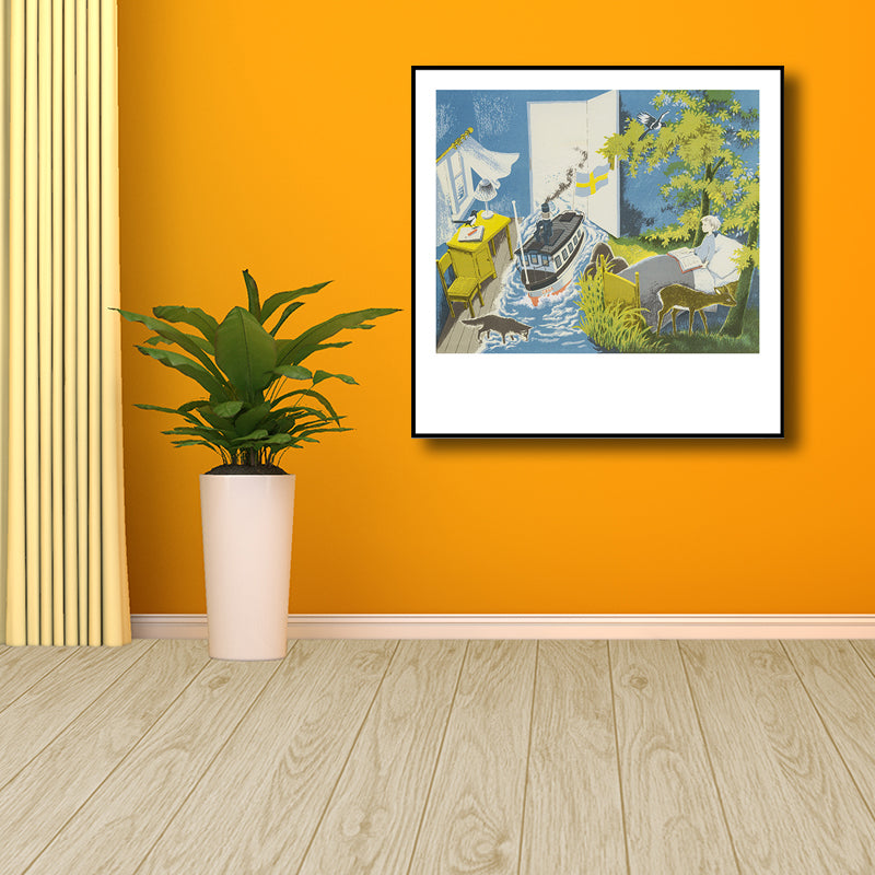 Kids Fantasy Wall Art Blue Flooded Bedroom Drawing Print Canvas for House Interior