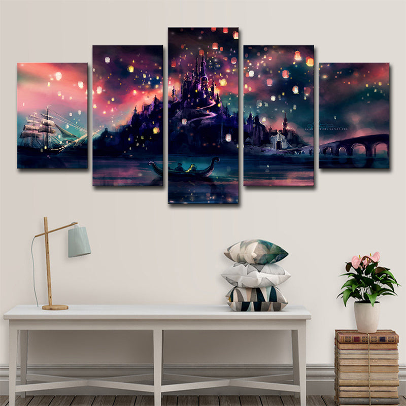 Hogwarts Castle Canvas Art Kids Beautiful Night Scenery Wall Decor in Red for Bedroom