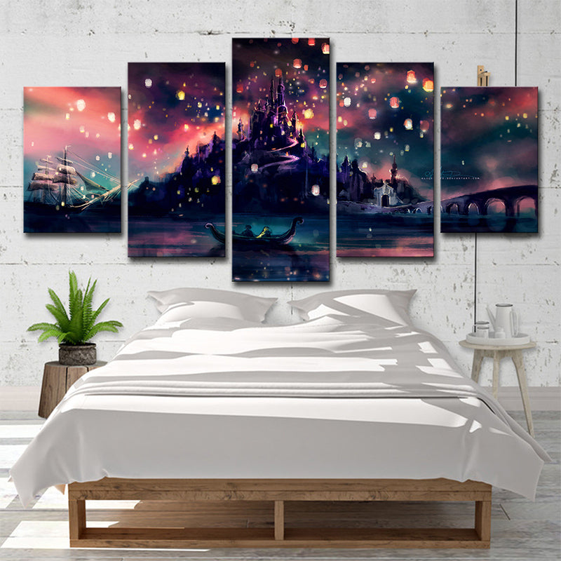 Hogwarts Castle Canvas Art Kids Beautiful Night Scenery Wall Decor in Red for Bedroom