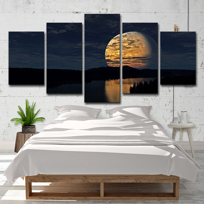 Supermoon over Lake Scene Art Print Kids Bedroom Sci-Fi Canvas in Yellow for Decor