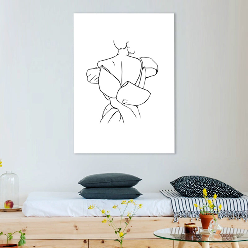 White Minimal Canvas Print Line Drawing Back of Woman in Formal Dress Wall Art for Home