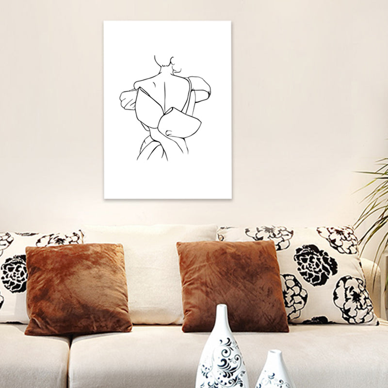 White Minimal Canvas Print Line Drawing Back of Woman in Formal Dress Wall Art for Home