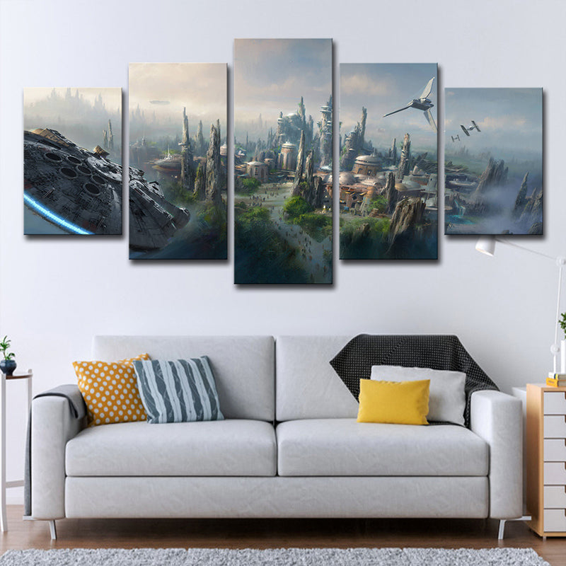 Blue Star War Scene Canvas Art Cityscape Futuristic Multi-Piece Wall Decor for Home