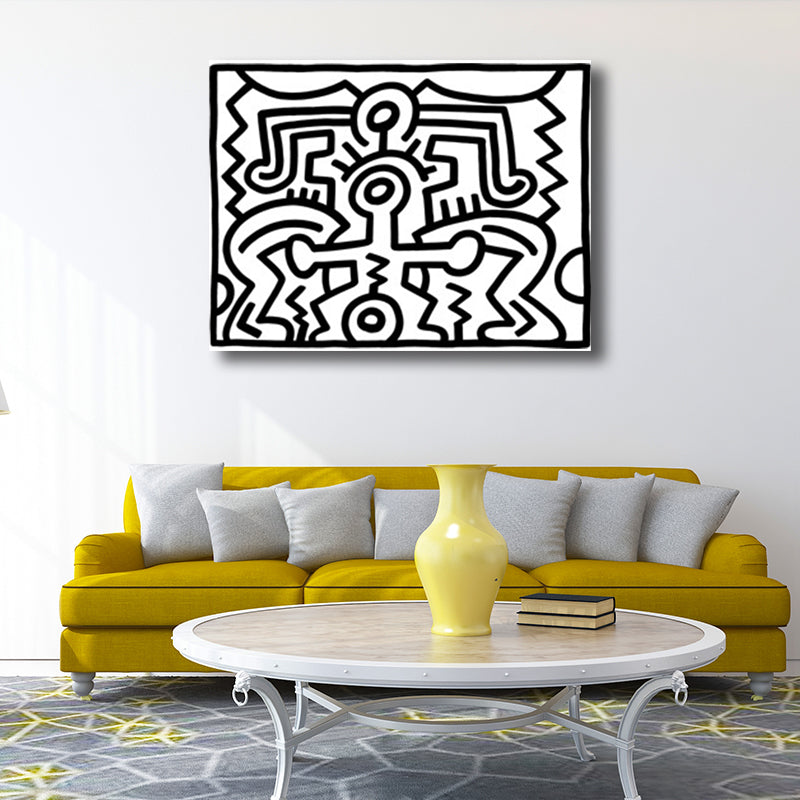 Funny Figure Drawing Wall Art for Living Room Abstract Canvas Print in Black-White