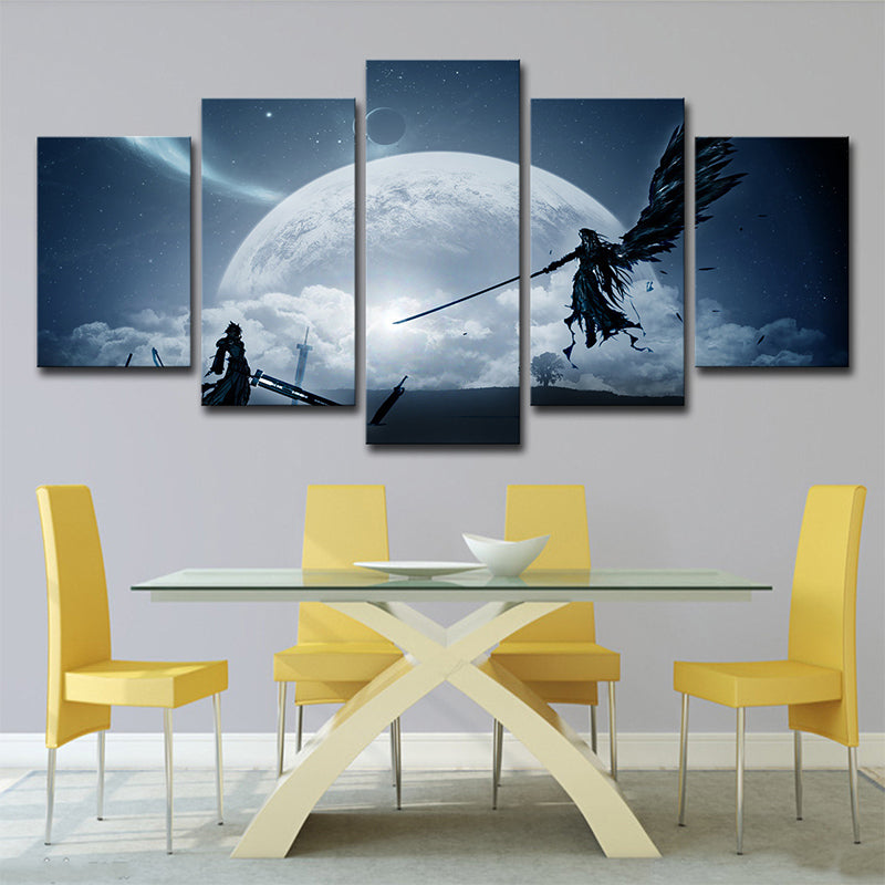 Kids Moon Night Fight Canvas Dark Blue Final Fantasy Game Scene Wall Art Decor for Room