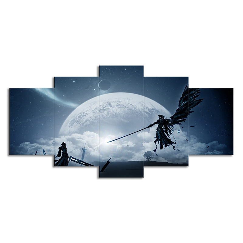 Kids Moon Night Fight Canvas Dark Blue Final Fantasy Game Scene Wall Art Decor for Room