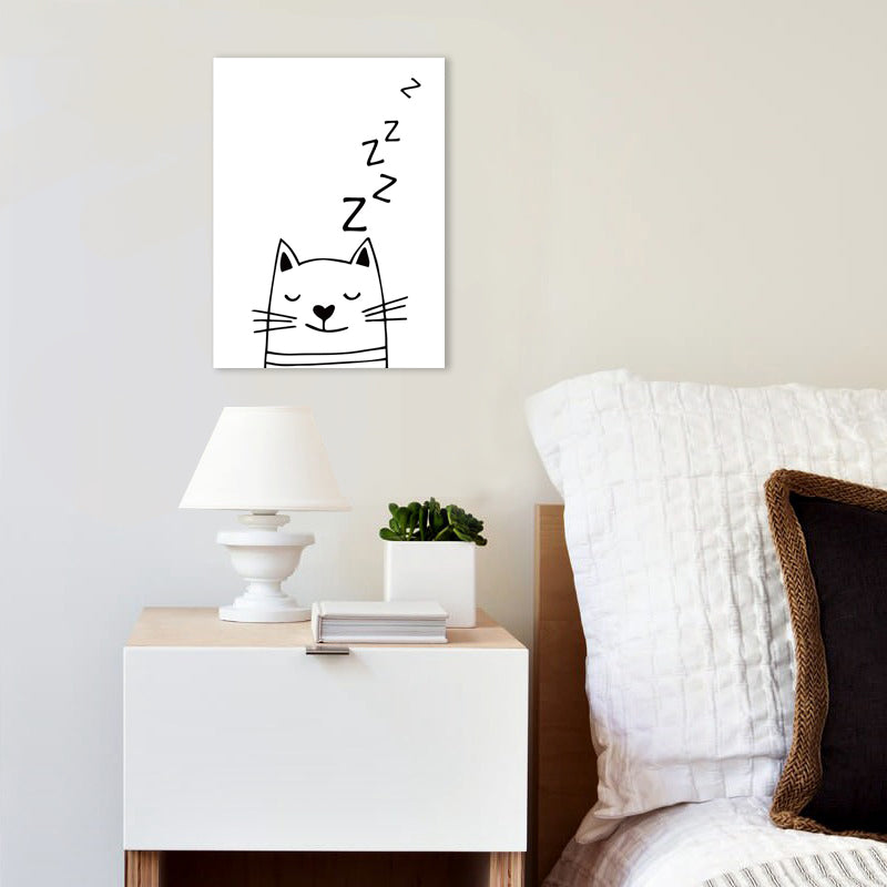 Cartoon Sweet Night Wall Art Black and White Animal Pattern Canvas for Bedroom