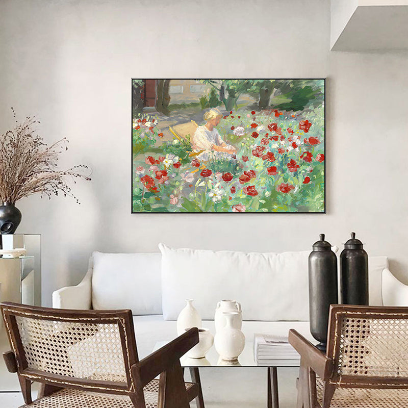 Woman in Blossom Field Canvas Textured French Country Living Room Wall Art Decor