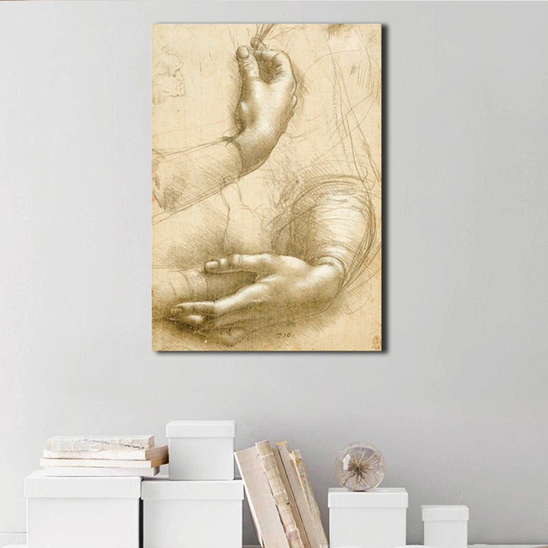 Minimalism Style Human Hands Painting in Yellow Textured Canvas for Girls Bedroom