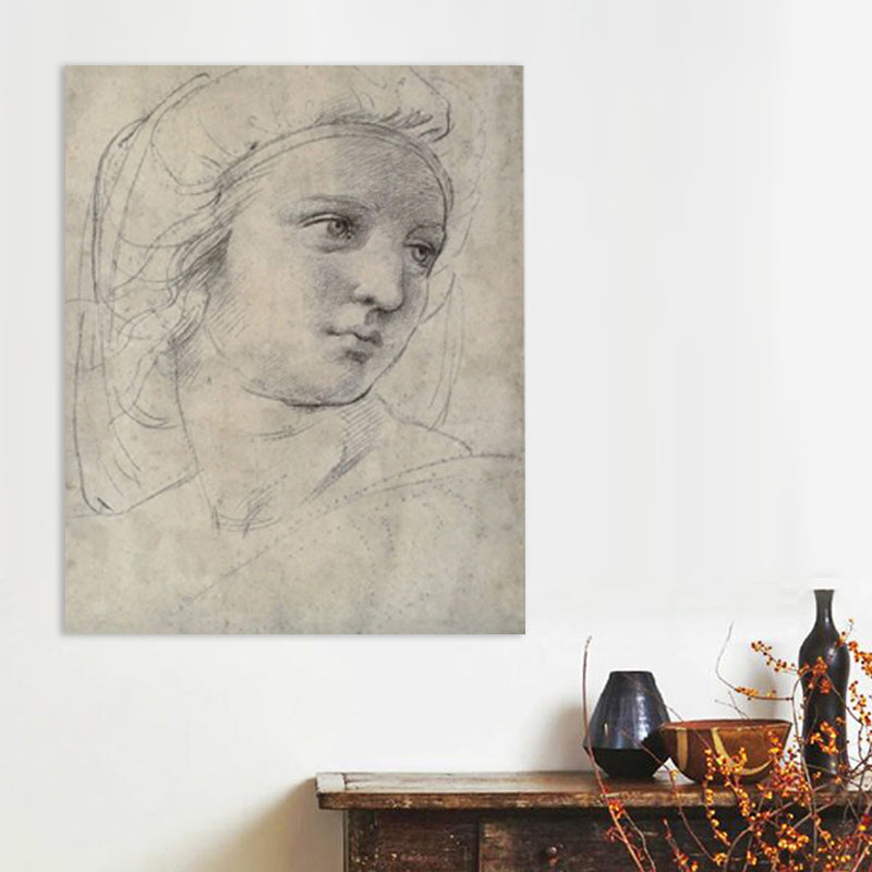 Pencil Portrait of Muse Canvas Print Minimalist Textured Wall Art for Dining Room