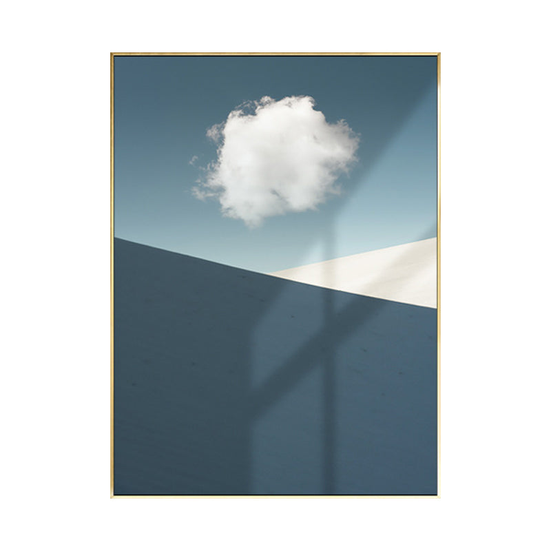 Mixed Media Nordic Wall Art Print with Cloud and Mountains Pattern in Blue-White