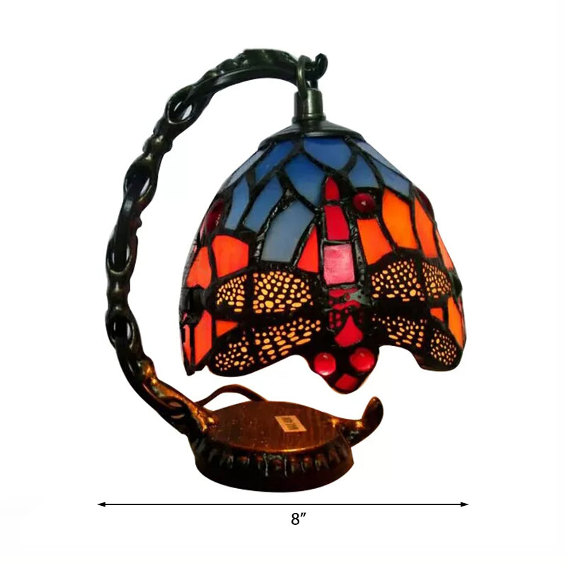 Accensione mini da tavolo rustica con braccio curvo e uva/fiore/libellula macchiata di vetro 1 leggero lampada da tavolo in bronzo per camera da letto