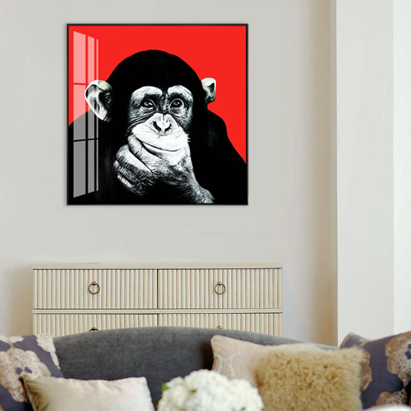 Light Color Chimpanzee Painting Kids Style Textured Wall Art Print for Living Room