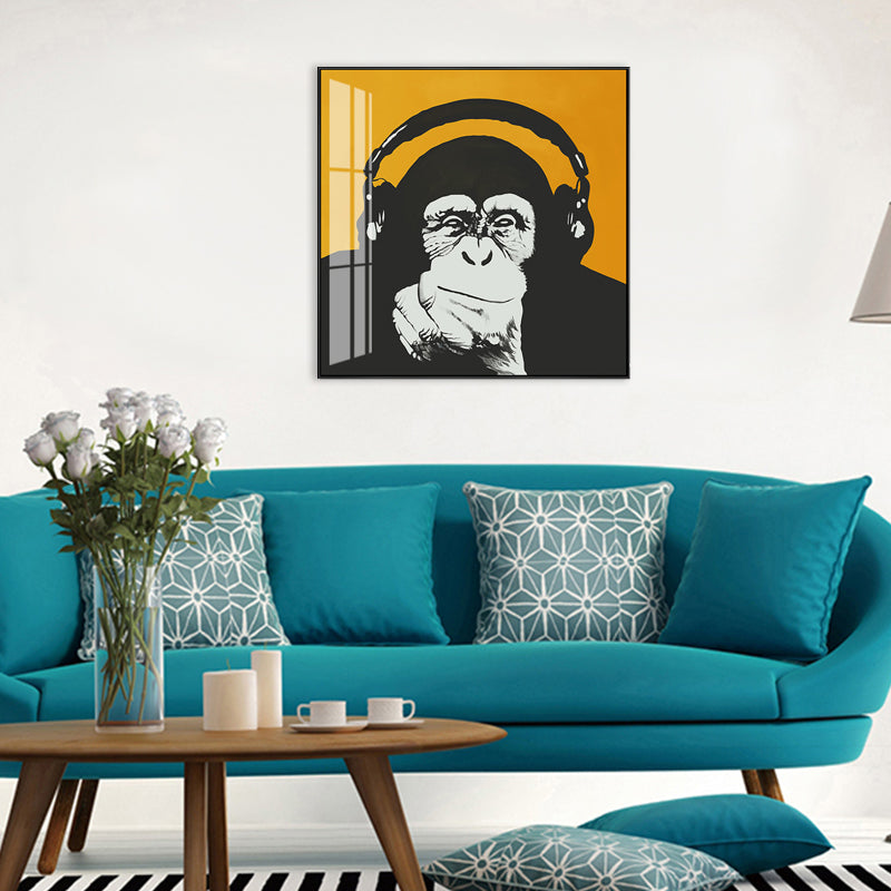 Light Color Chimpanzee Painting Kids Style Textured Wall Art Print for Living Room