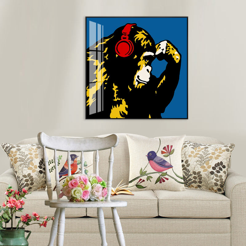 Light Color Chimpanzee Painting Kids Style Textured Wall Art Print for Living Room