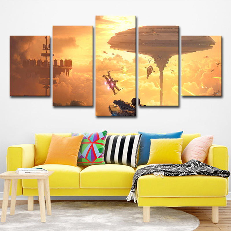 Futuristic Star War Battlefield Art Print Yellow Multi-Piece Wall Decor for Living Room