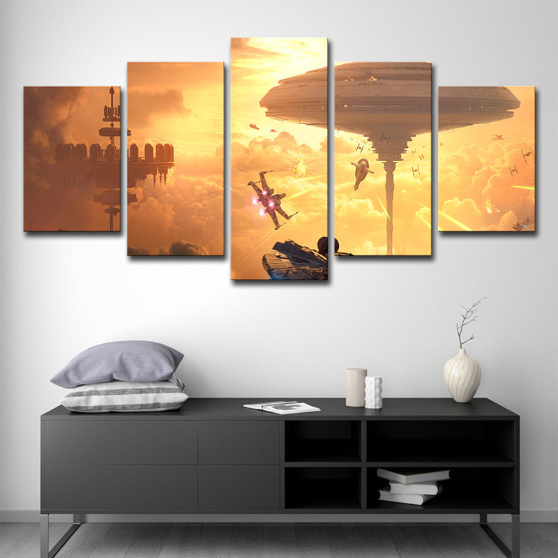 Futuristic Star War Battlefield Art Print Yellow Multi-Piece Wall Decor for Living Room