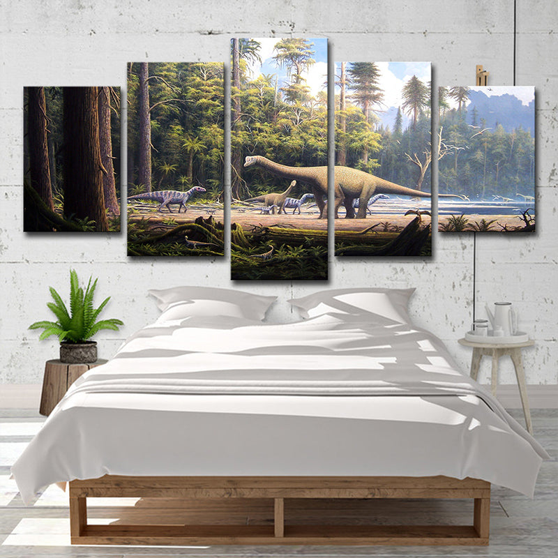 Dinosaur in Forest Canvas Art Fictional Realistic Fantasy Wall Decor in Brown-Green