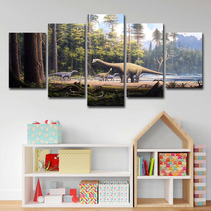 Dinosaur in Forest Canvas Art Fictional Realistic Fantasy Wall Decor in Brown-Green