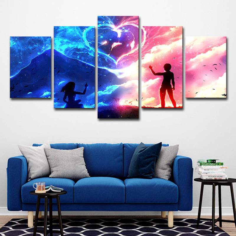 Romantic Heart-Shaped Cloud Wall Art for Living Room, Pink and Blue, Multi-Piece