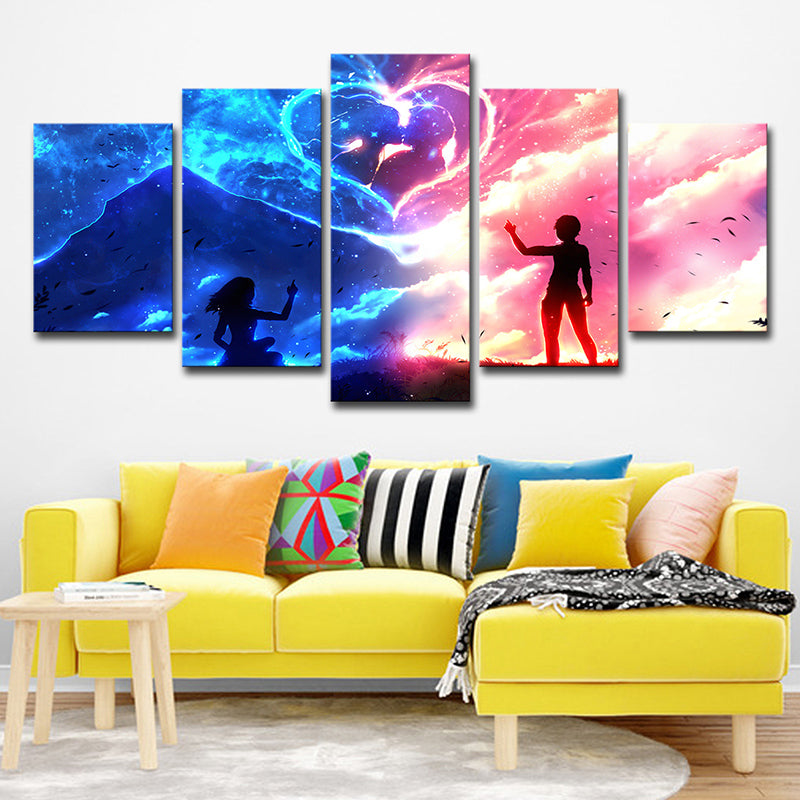 Romantic Heart-Shaped Cloud Wall Art for Living Room, Pink and Blue, Multi-Piece