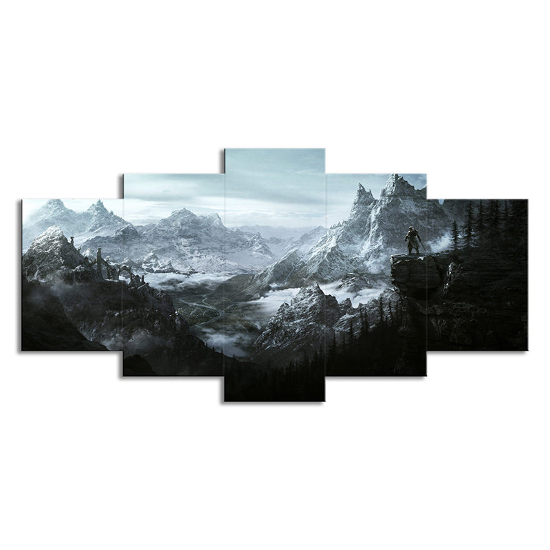 Elder Scrolls Mountains Wall Art Boys Bedroom Game Scene Print Canvas in Grey for Decor