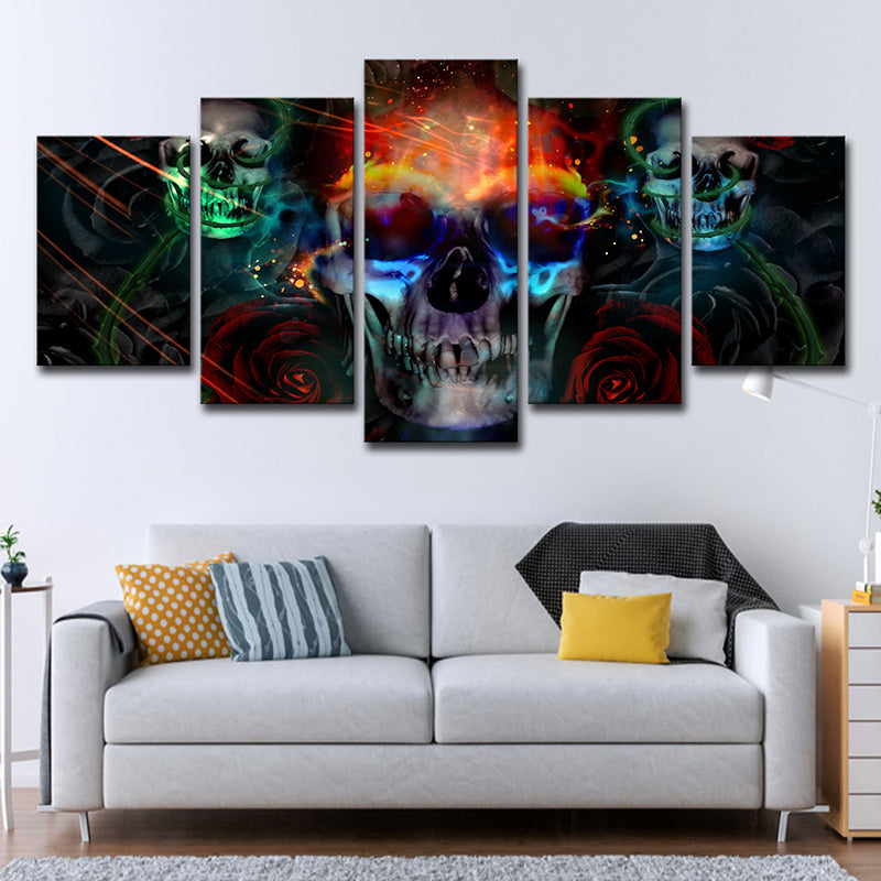 Multicolored Skull Skeleton Wall Art Multi-Piece Kids Style Bedroom Canvas Print on Black
