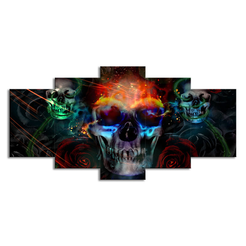 Multicolored Skull Skeleton Wall Art Multi-Piece Kids Style Bedroom Canvas Print on Black