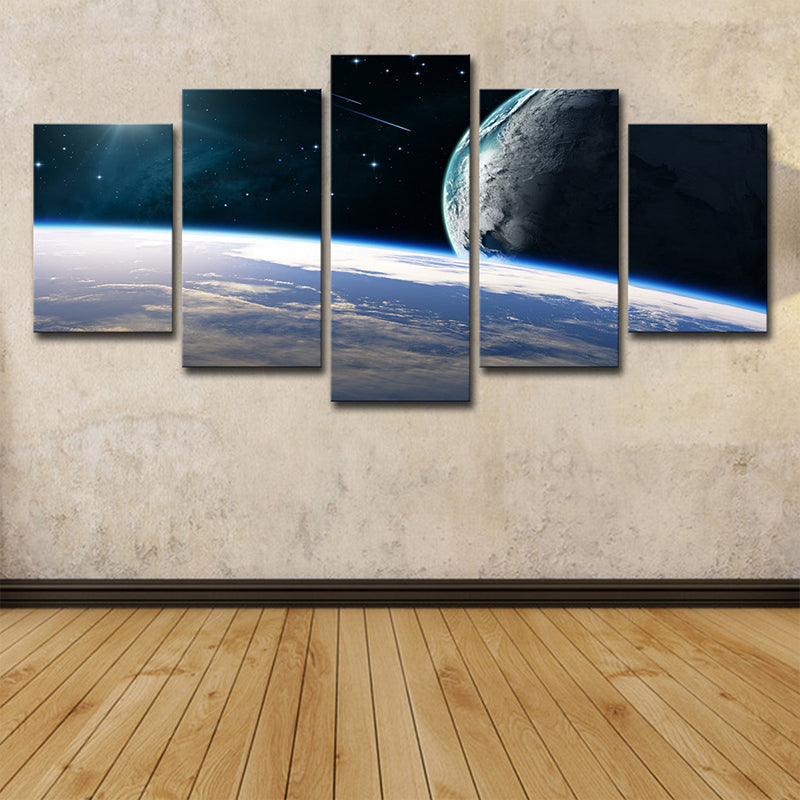 Planets and Shooting Stars Canvas Multi-Piece Science Fiction Living Room Wall Art in Blue