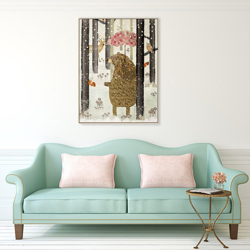 Fun Forest Bear Wall Art Kids Bedroom Animal Drawing Canvas Print in Pastel Color