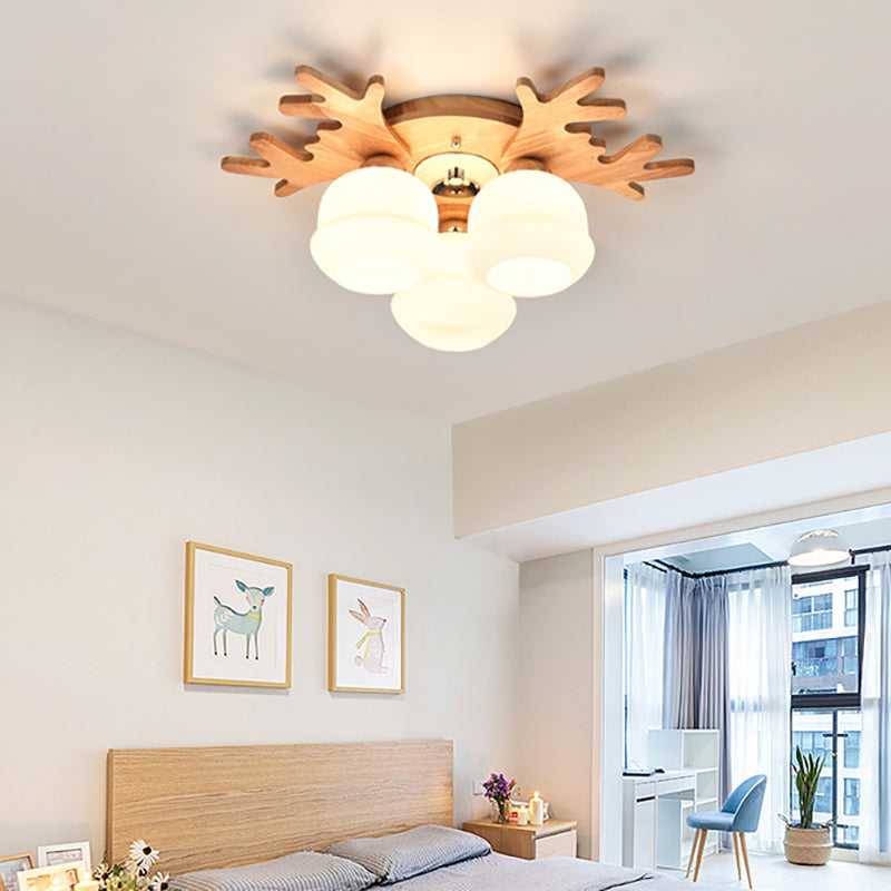 Witte Bud Shade plafondlamp met beige gewei Mooie houten plafondlamp voor kinderslaapkamer