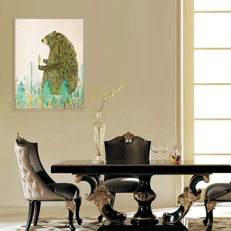 Fun Forest Bear Wall Art Kids Bedroom Animal Drawing Canvas Print in Pastel Color