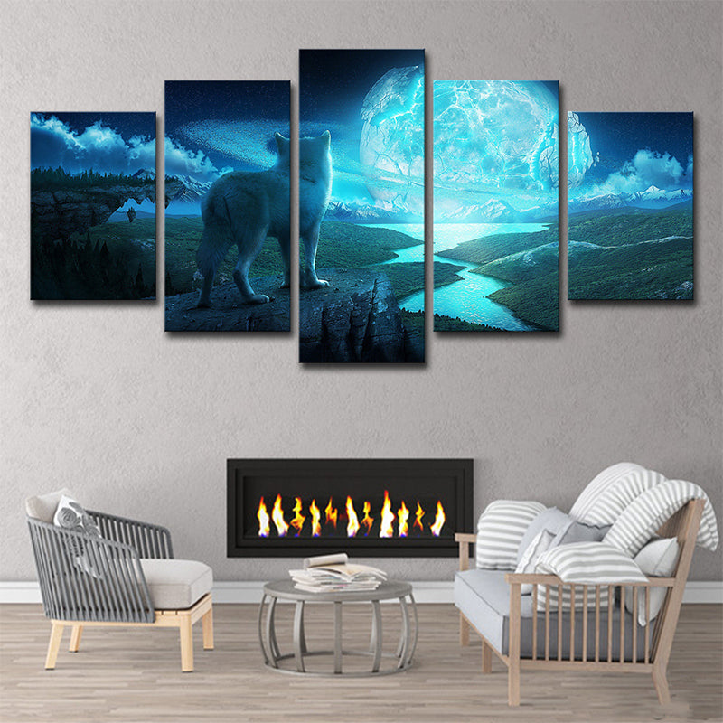 Big Moon and Wolf Canvas in Blue Modernist Wall Art Decor for Living Room, Multi-Piece