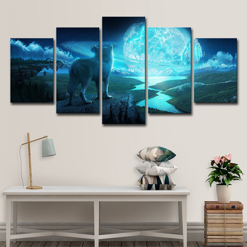 Big Moon and Wolf Canvas in Blue Modernist Wall Art Decor for Living Room, Multi-Piece