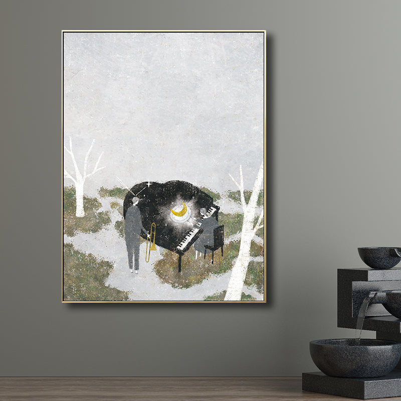 Piano Performance in Wilds Canvas Childrens Art Textured Wall Decoration in Grey