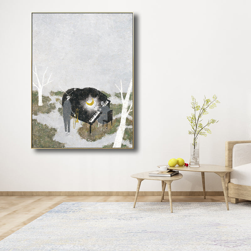Piano Performance in Wilds Canvas Childrens Art Textured Wall Decoration in Grey