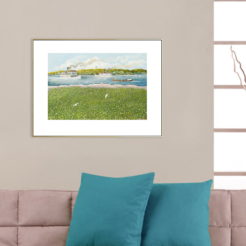 Park Scenery Art Print Tropix Nostalgic Meadow and Steamship Drawing Canvas in Green