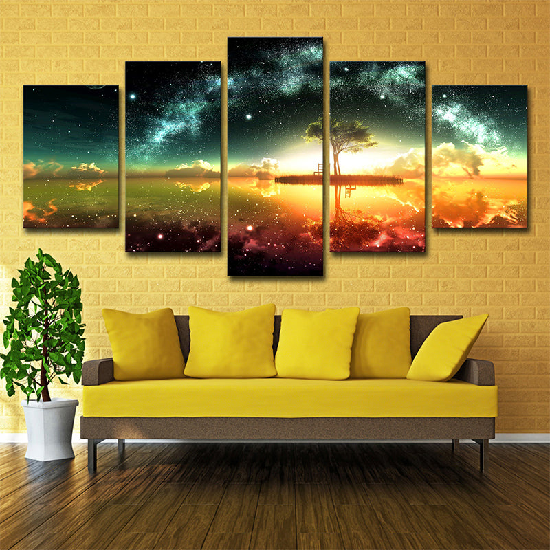 Digital Print Contemporary Canvas Art with Lakeside Tree and Starry Sky Scenery, Green