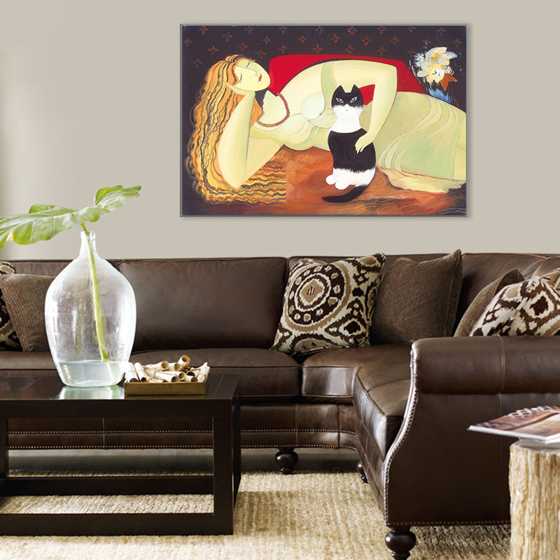 Textured Woman and Cat Painting Canvas Traditional Wall Decor in Yellow for Bedroom