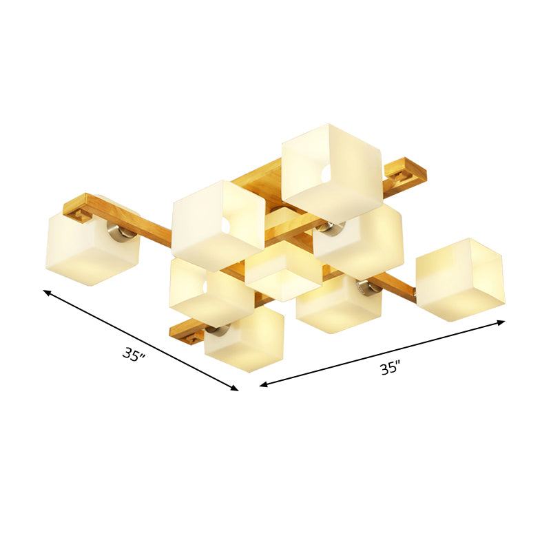 Lampada da soffitto per soggiorno con paralume cubico, vetro opale e legno, moderna plafoniera a LED a incasso in beige